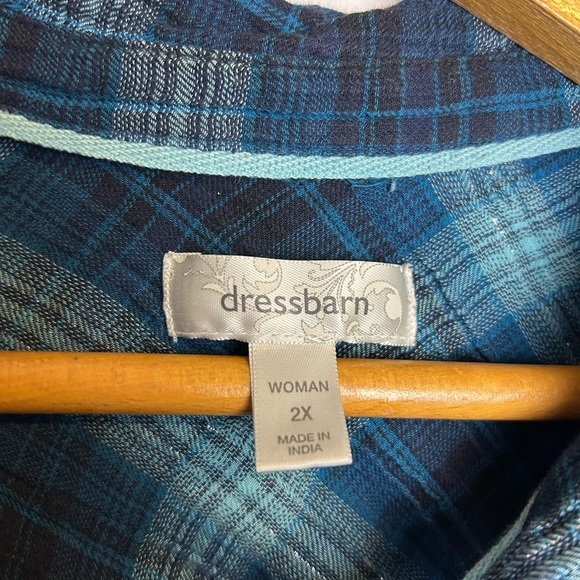 Dressbarn Blouse Top Women 2X Striped Flannel Metallic Holliday Button Down Blue - Picture 4 of 9